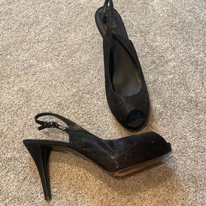 Stuart Weitzman black glitter shimmery sling back high heels size 11